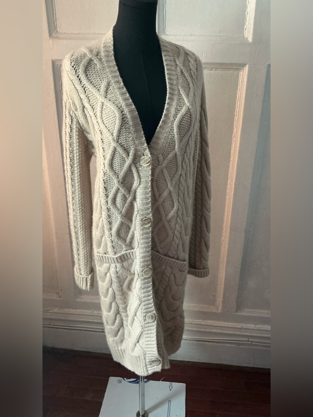 Neiman Marcus Cream Cable Knit Long Cardigan